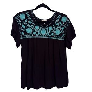Layerz Clothing Small Black Blue Floral Embroidered Top Blouse Boho Western